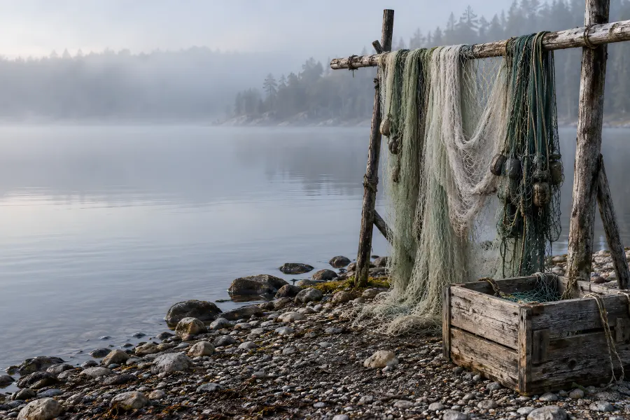 Grüne und weiße Fischernetze hängen an einem Holzgestell am nebligen Seeufer, davor eine Holzkiste (Illustration)