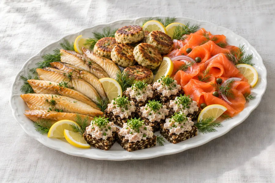 Große Porzellanplatte mit geräucherten Fischfilets, Räucherlachs, Fischpflanzerl und Häppchen auf Vollkornbrot (Illustration)